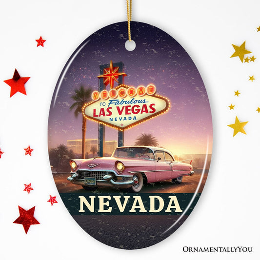 Vintage Nevada Las Vegas Sign Ornament, Retro Pink Cadillac Christmas Gift and Desert City Souvenir