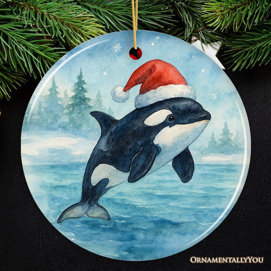 Watercolor Orca in Santa Hat Christmas Ornament, Marine Animal Holiday Keepsake and Gift