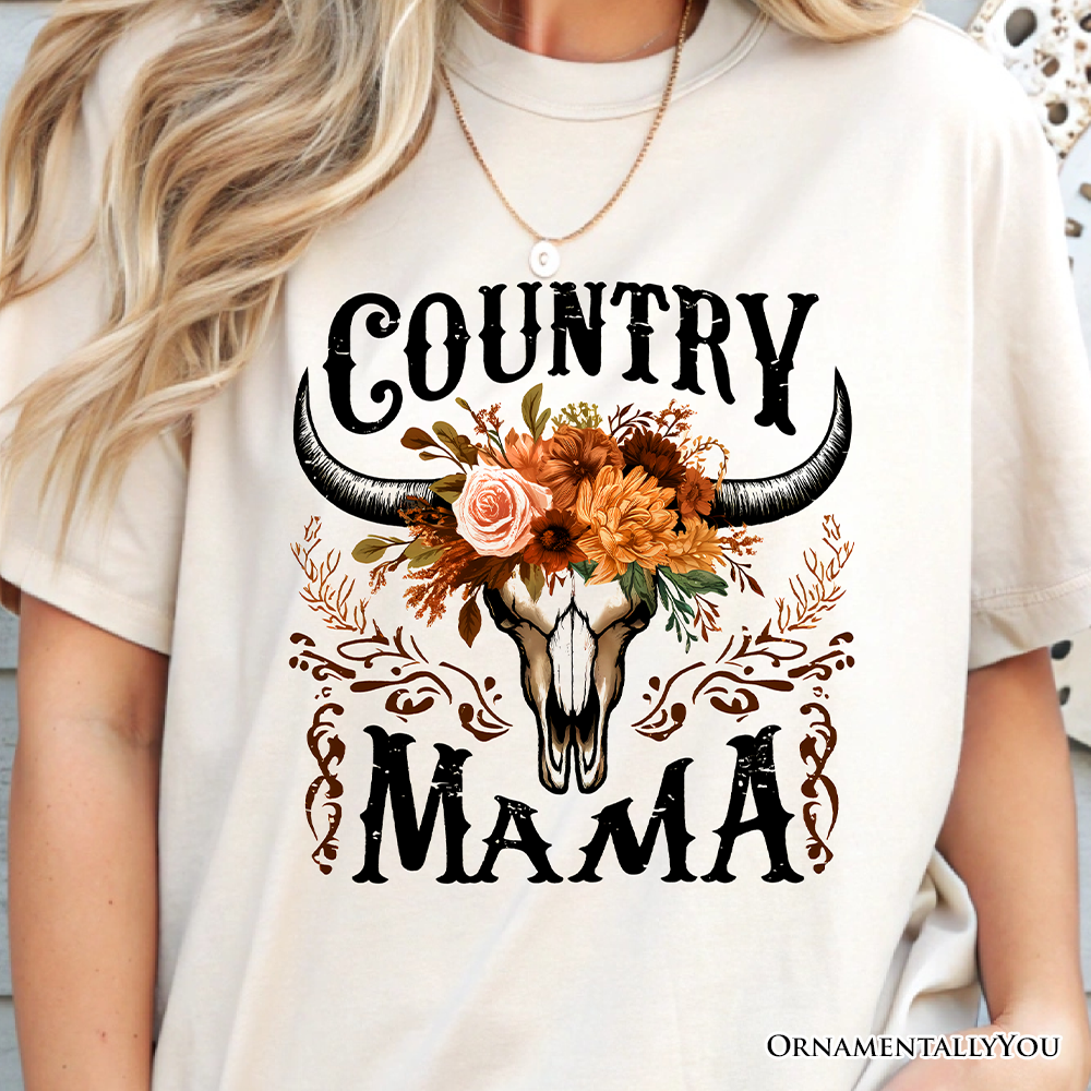 Country Mama Floral Buffalo Skull Vintage T-Shirt, Western Natural and White Women’s Tee
