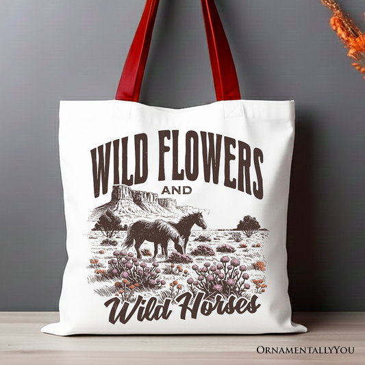 Wild Flowers and Wild Horses Canvas Tote Bag, Retro Western Gift for Free-Spirited Women