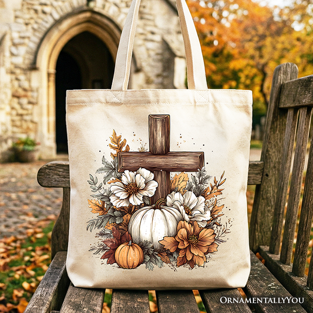 Christian Floral Pumpkin Cross Tote Bag, Boho Religious Fall Gift Shopper