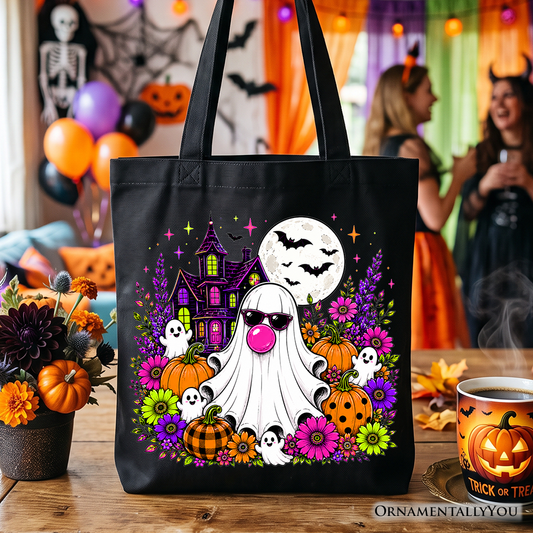 Bubblegum Ghost Haunted House Tote Bag, Colorful Floral Halloween Pumpkin Gift Shopper