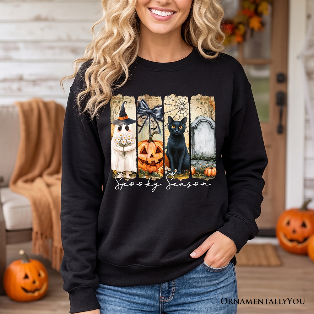 Fall Spooky Season Brushstroke Sweatshirt, Coquette Vintage Ghost, Cat and Pumpkin Sweater