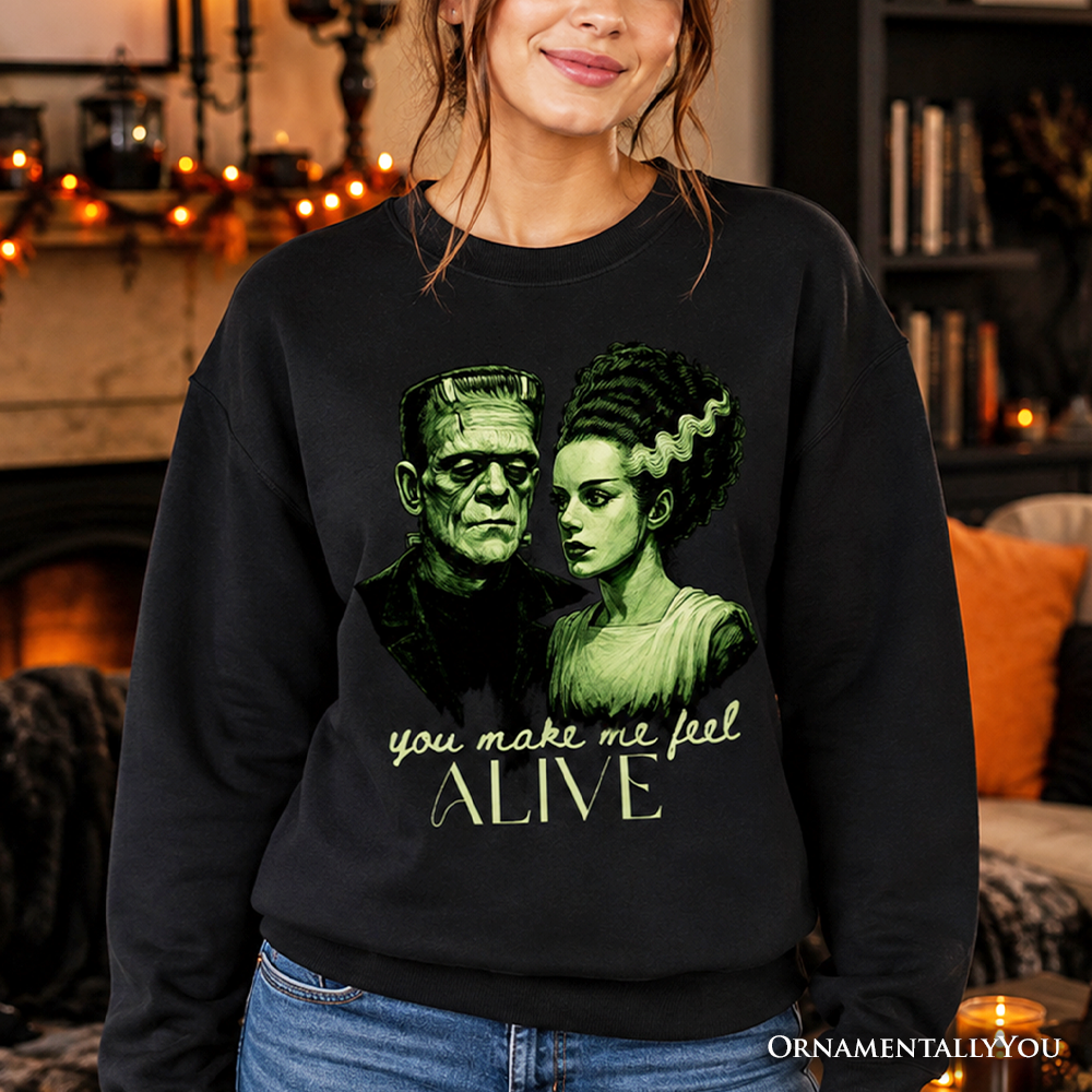 Frankenstein And Bride You Make Me Feel Alive Sweatshirt, Valentine Retro Horror Couples Love Sweater