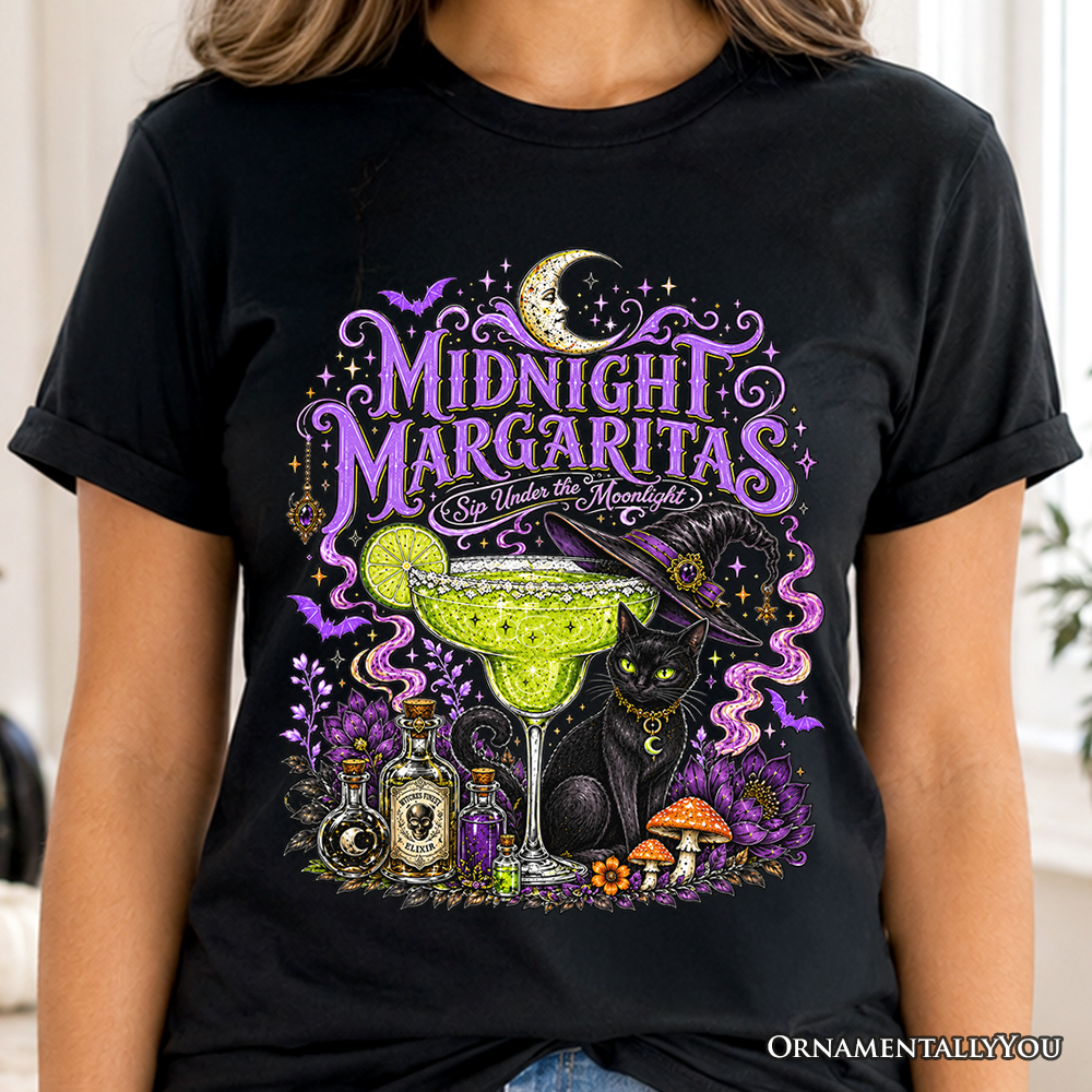 Midnight Margaritas Black Cat Halloween T-Shirt, Witchy Cocktail Tee for Spooky Season