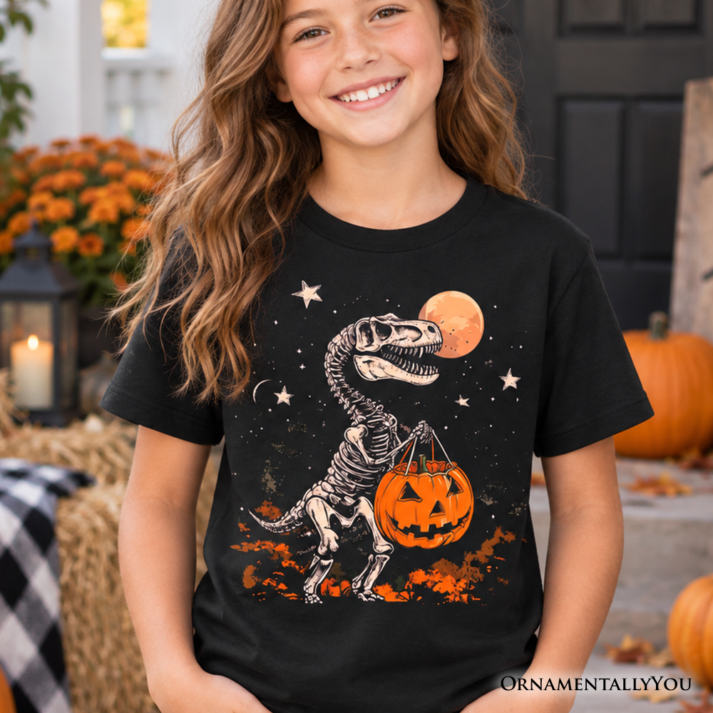 Spooky Saurus Kids T-Shirt, Halloween Dinosaur Skeleton Pumpkin Tee for Youth