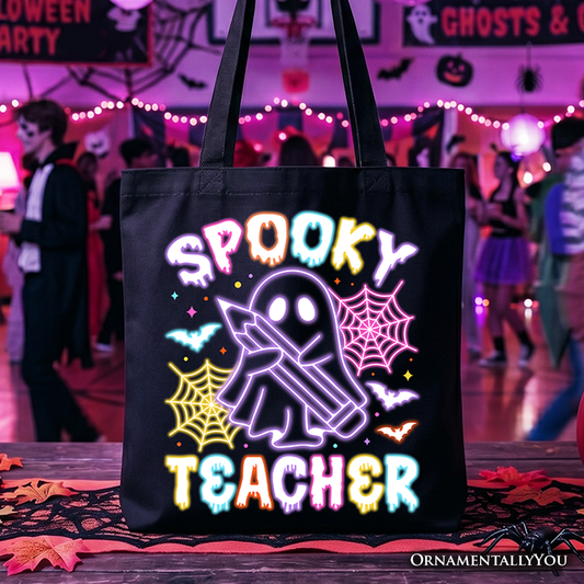 Spooky Teacher Neon Ghost Tote Bag, Retro Halloween Gift Shopper for Educators