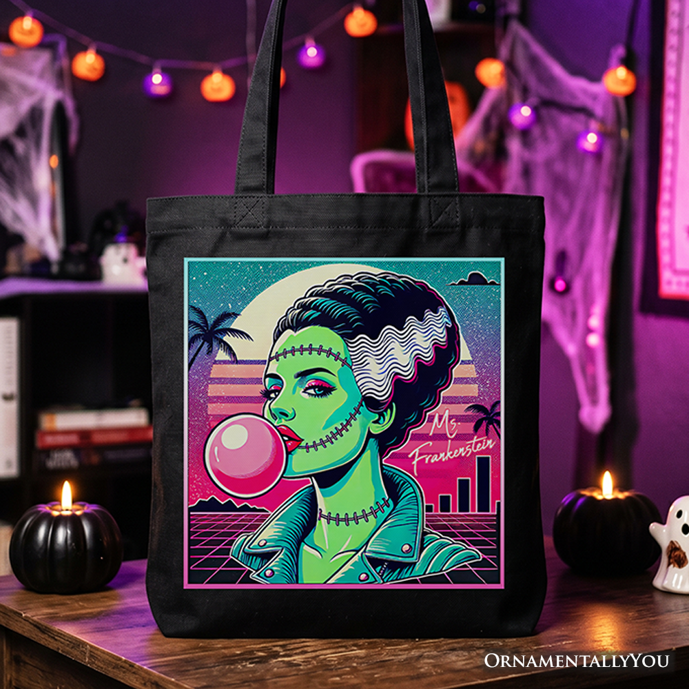 Vaperwave Mrs Frankenstein Retro Neon Horror Tote Bag, Synthwave 80's Styled Classic Halloween Gift Shopper