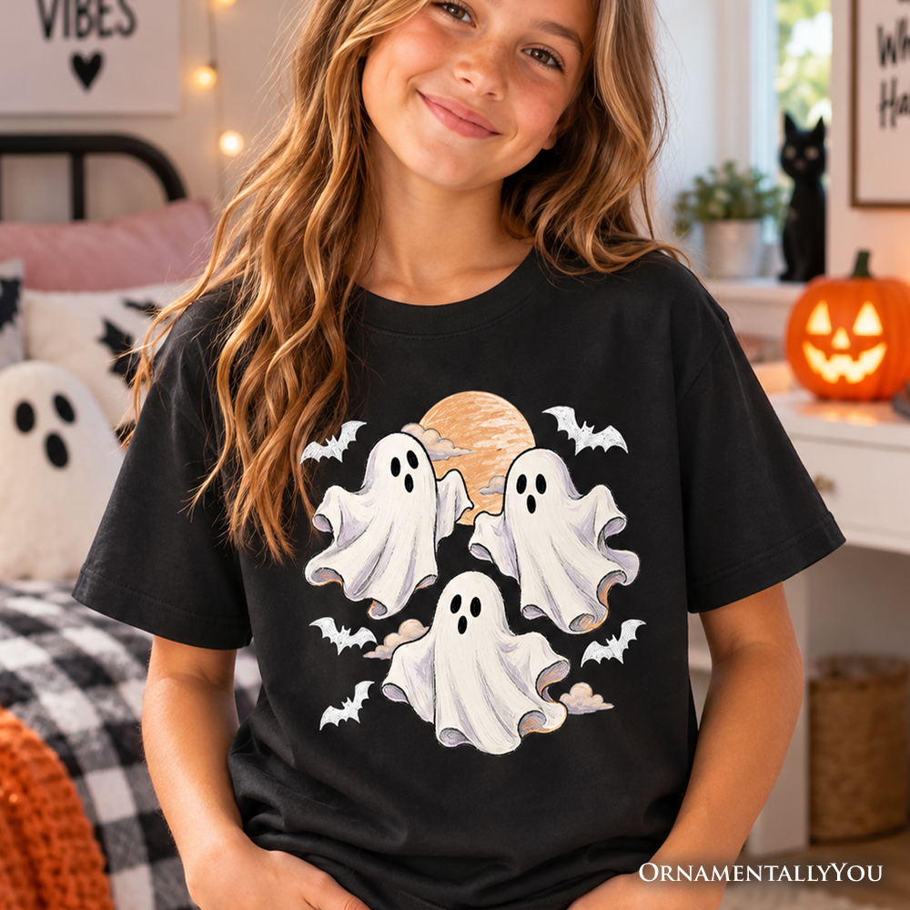 Vintage Ghost Kids T-Shirt, Spooky Halloween Full Moon Tee for Youth