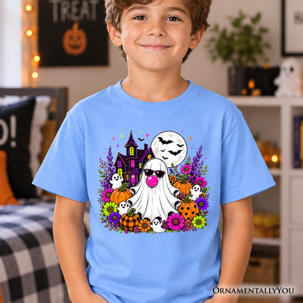 Kids Bubblegum Ghost Haunted House T-Shirt, Colorful Floral Halloween Pumpkin Youth Tee