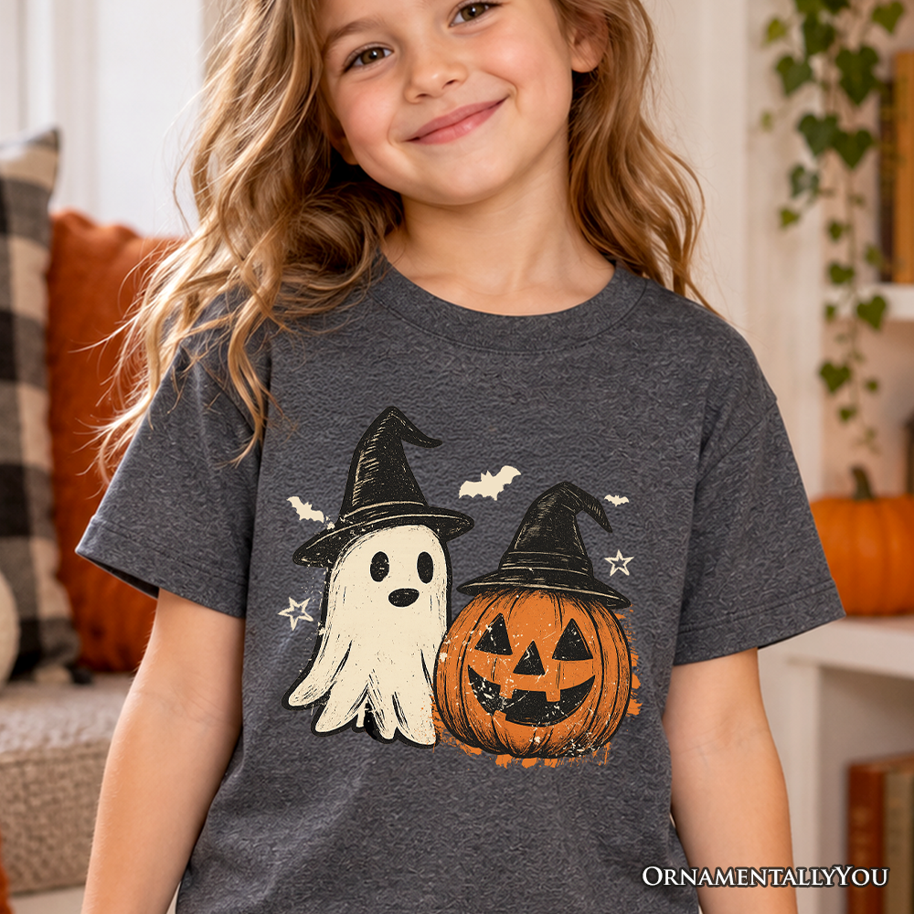 Kids Witch Hat Ghost and Pumpkin T-Shirt, Vintage Halloween Jack O’ Lantern Youth Tee