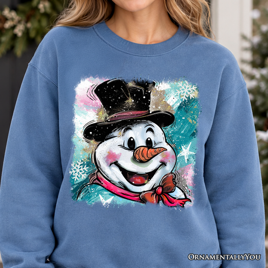 Brushstroke Cute Snowman Sweatshirt, Preppy Merry Christmas Glitter Holiday Sweater