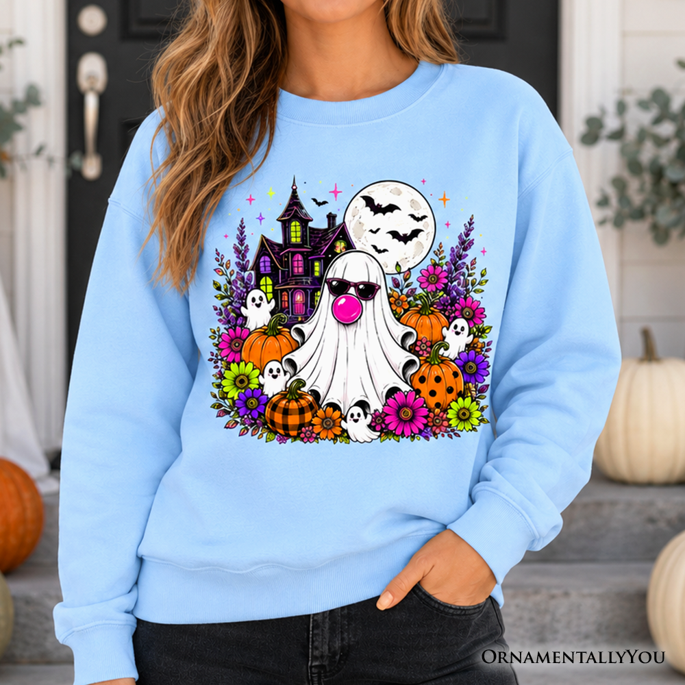 Bubblegum Ghost Haunted House Sweatshirt, Colorful Floral Halloween Pumpkin Sweater