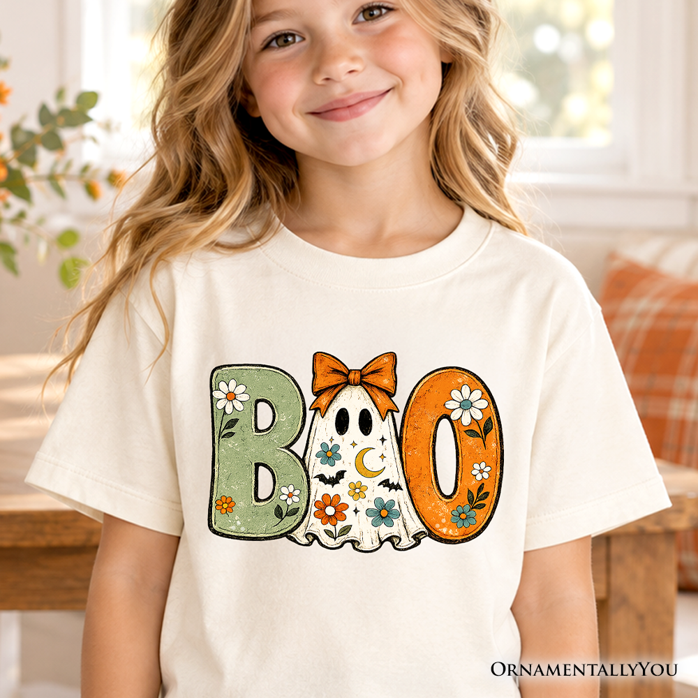 Boo Floral Ghost Kids T-Shirt, Coquette Bow Halloween Tee for Youth Girls