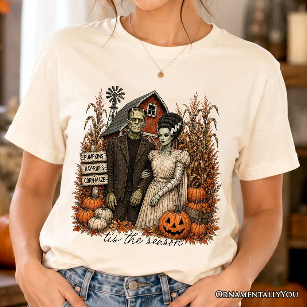 Frankenstein Couple Pumpkin Patch T-Shirt, Vintage Halloween Fall Festival Tee