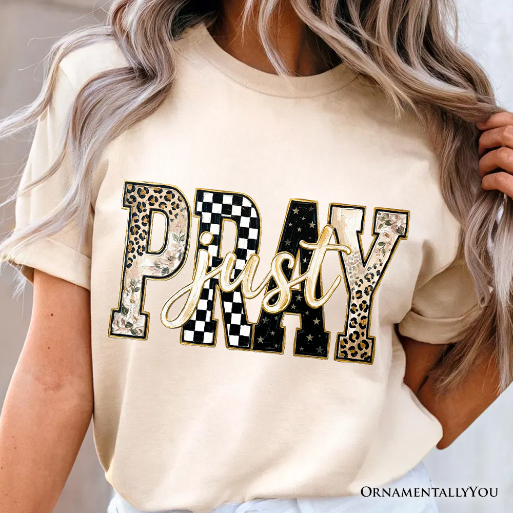 Just Pray Christian Varsity T-Shirt, Retro Leopard Checkered Faith Tee