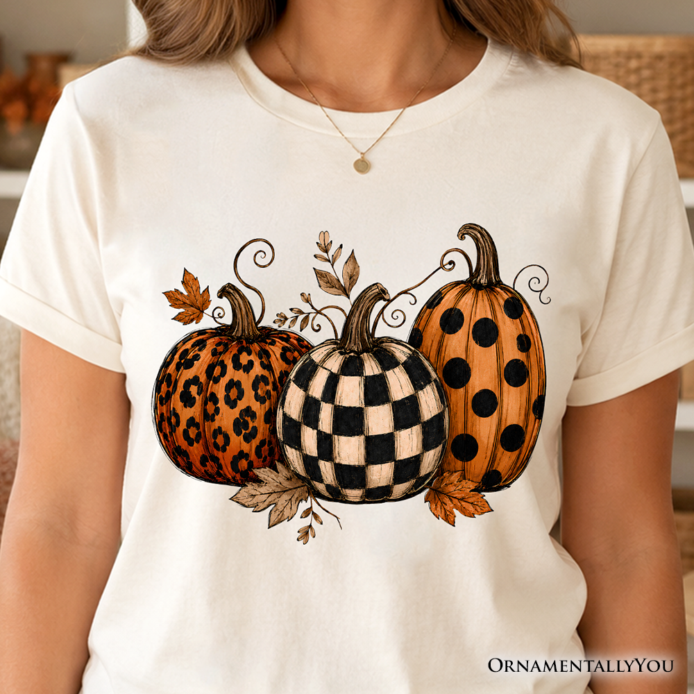Leopard Checkered Pumpkin T-Shirt, Autumn Fall Tee