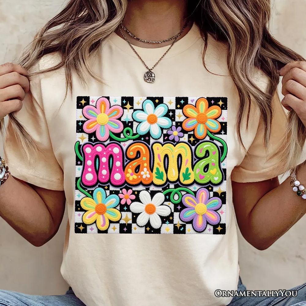 Retro Floral Mama Printed Faux Yarn T-Shirt, Colorful Mother's Day Tee