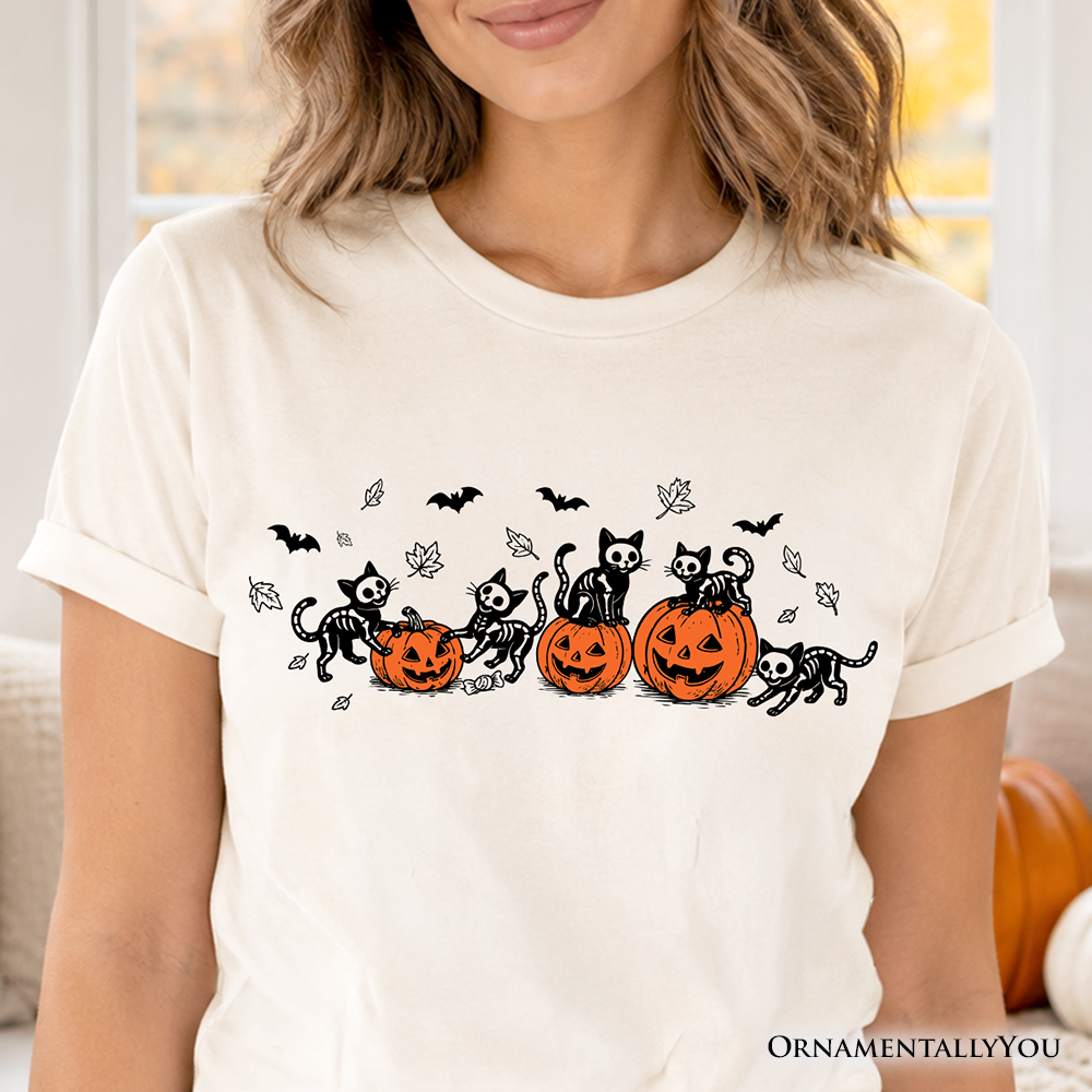 Skeleton Cats and Pumpkins T-Shirt, Spooky Halloween Black Cat Tee