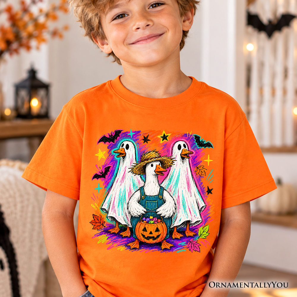 Kids Trick or Treat Geese T-Shirt, Colorful Halloween Ghost Costume Youth Tee