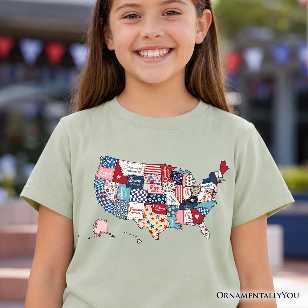Kids Patriotic Patchwork USA T-Shirt, Quilted Map Youth Tee for American Fans