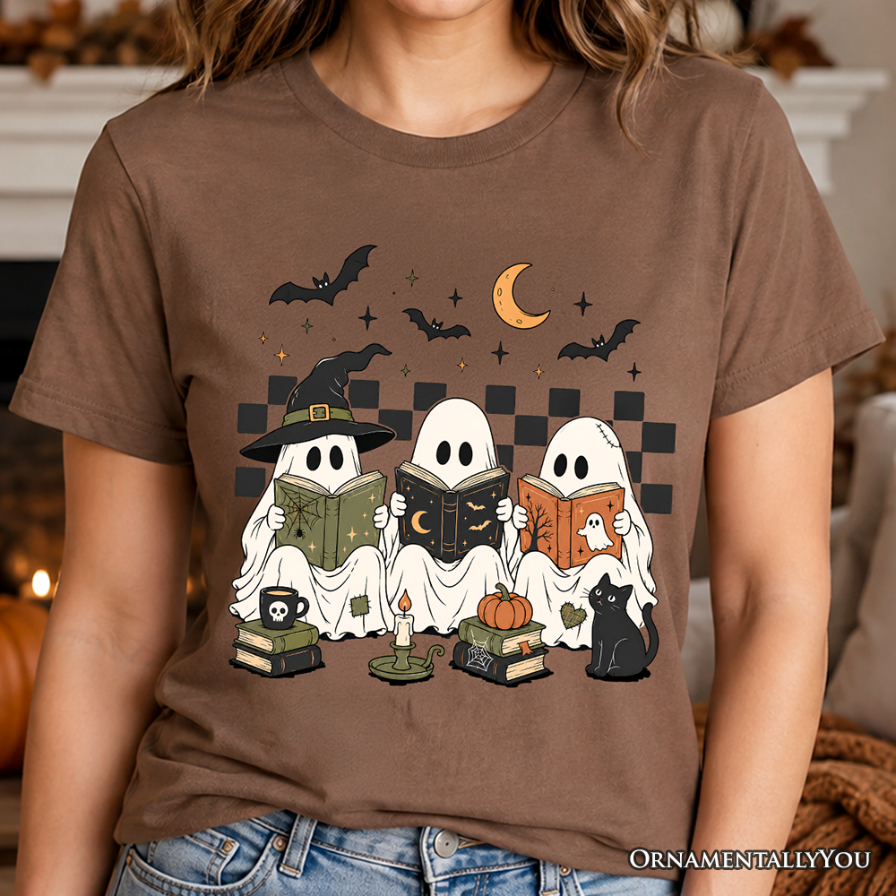 Bookish Ghosts Reading T-Shirt, Checkered Halloween Witch Cat Tee