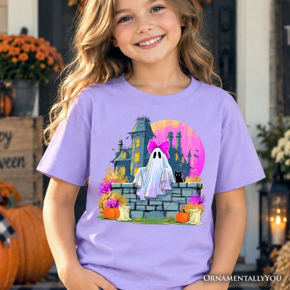 Haunted House Ghost Kids T-Shirt, Coquette Bow Halloween Tee for Youth Girls