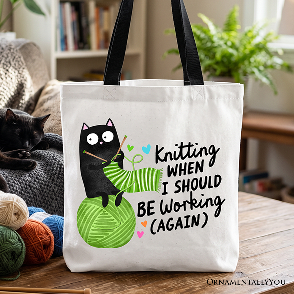Knitting Black Cat Cute Tote Bag, Funny Working Crafter Phrase Gift Shopper