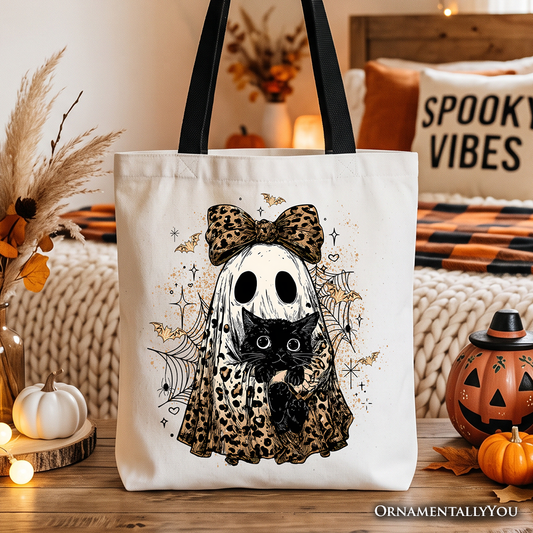 Leopard Bow Ghost with Black Cat Tote Bag, Spooky Halloween Spider Web Gift Shopper
