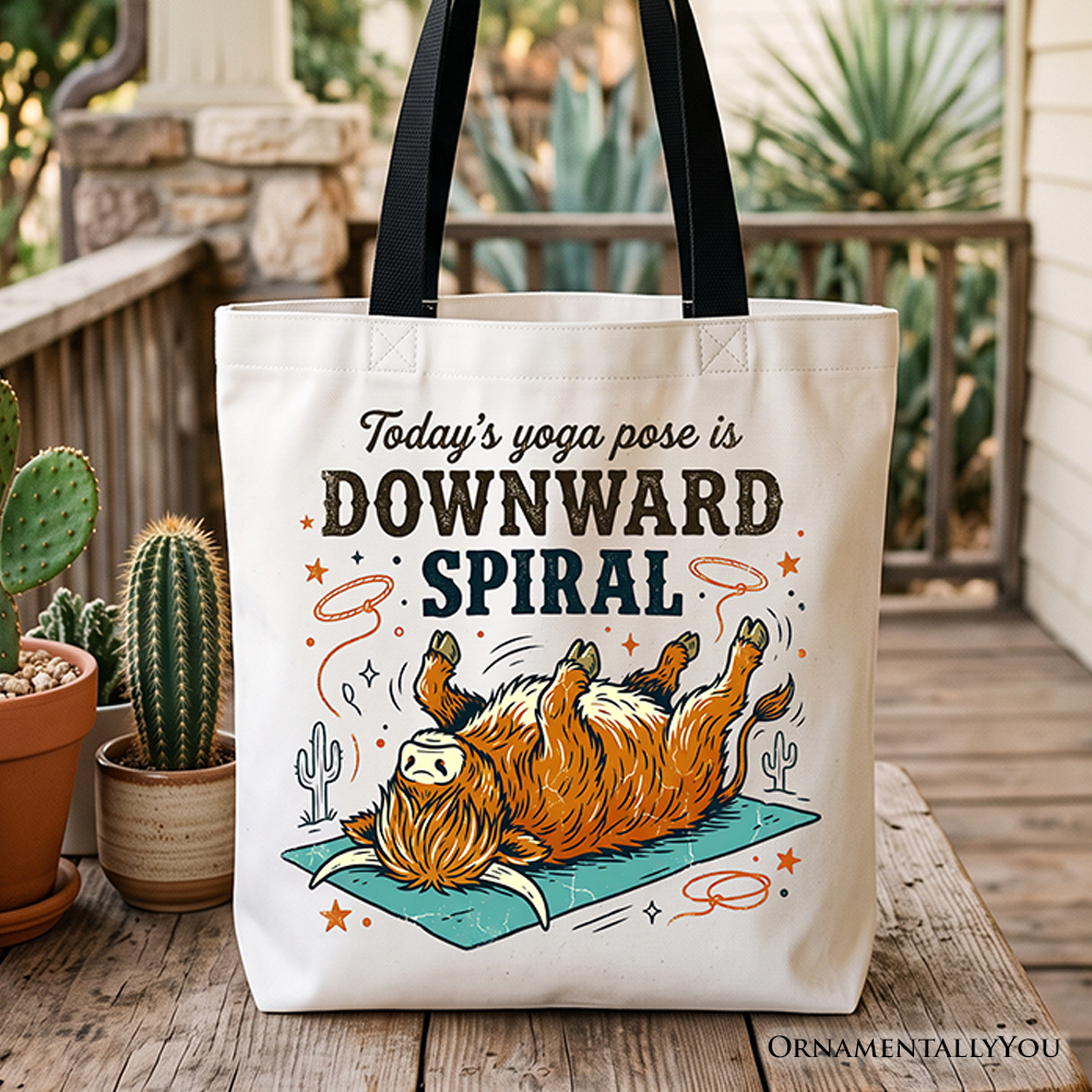 Yoga Highland Cow Tote Bag, Funny Downward Spiral Mental Health Gift Shopper