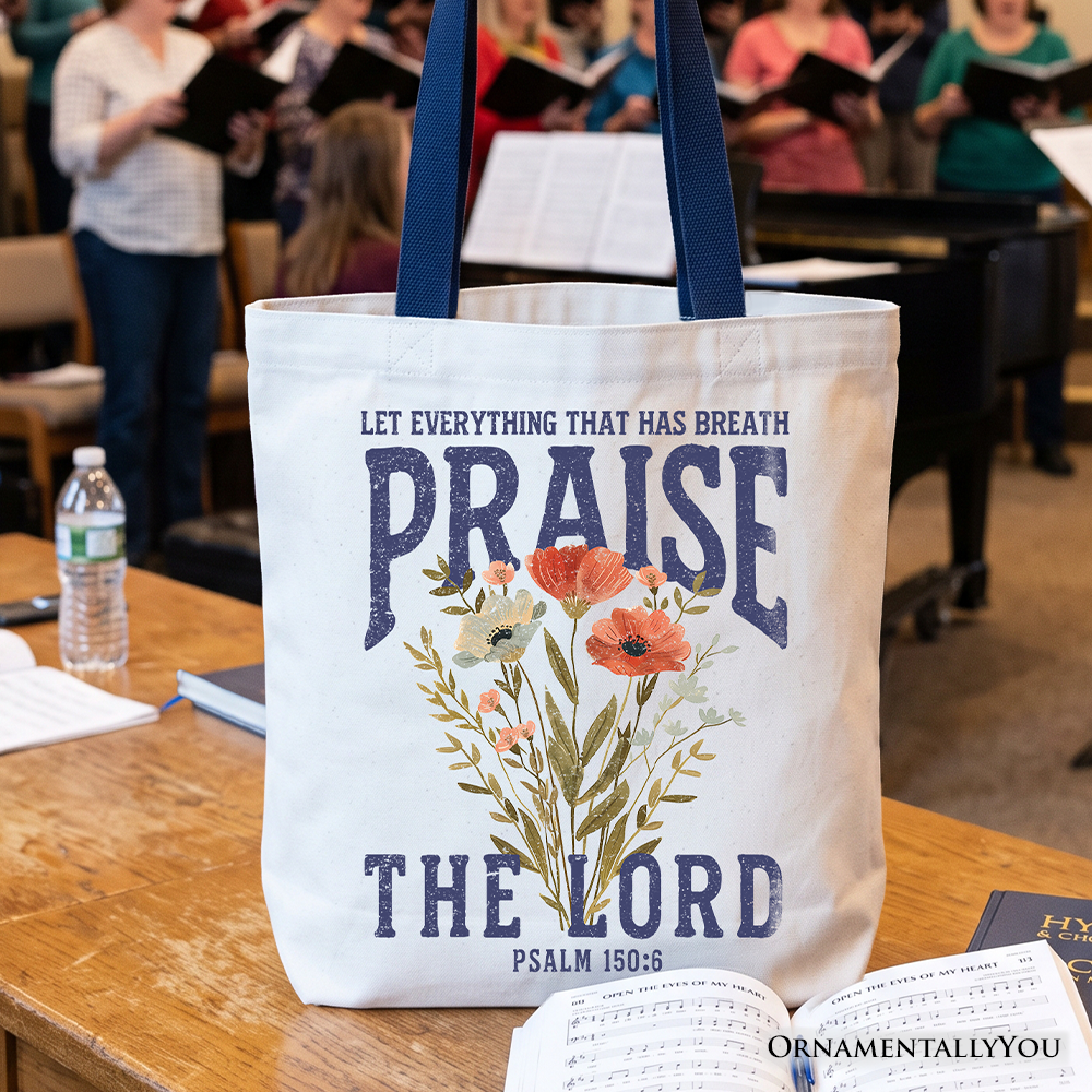 Praise the Lord Floral Christian Tote Bag, Psalm 150:6 Religious Faith Gift Shopper