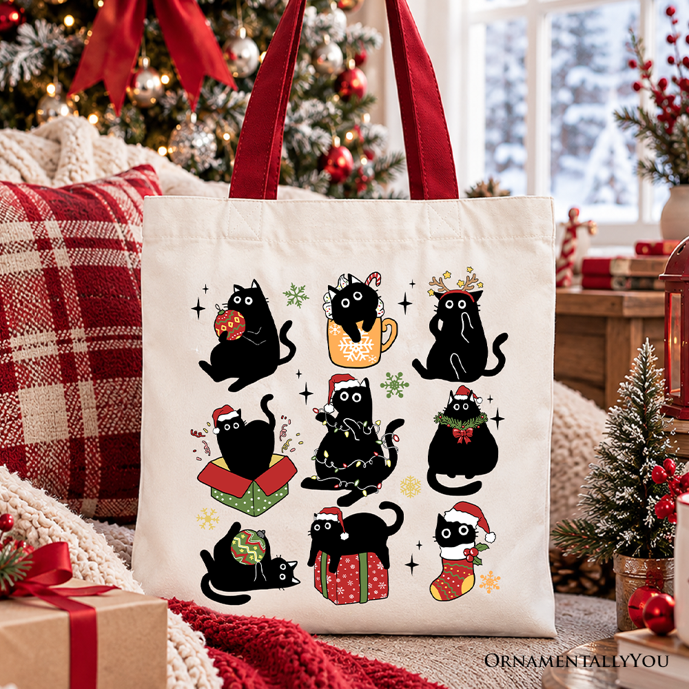 Christmas Black Cats Tote Bag, Whimsical Cats with Santa Hat Gift Shopper