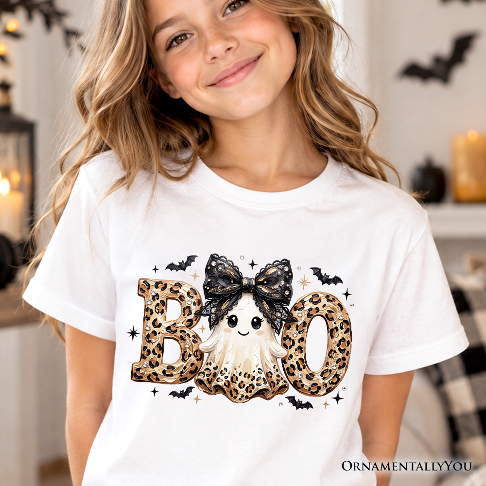 Boo Ghost Leopard Kids T-Shirt, Coquette Bow Halloween Tee for Youth Girls