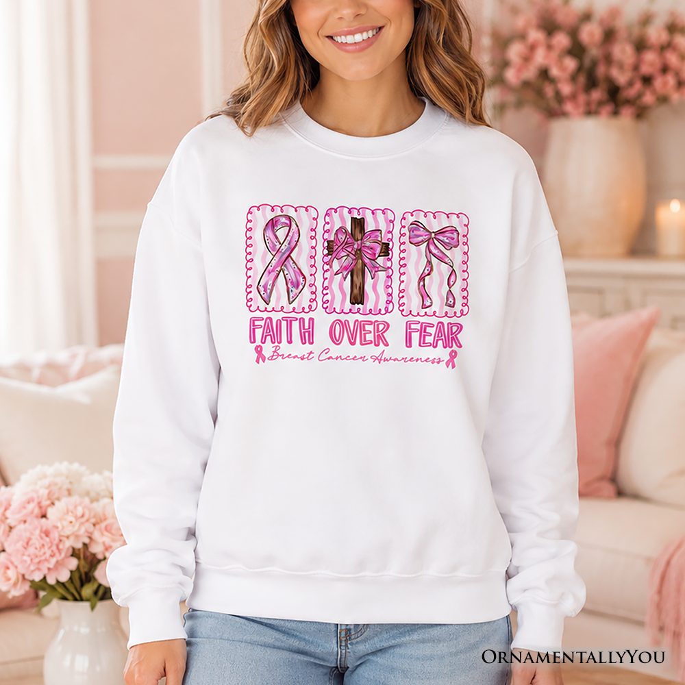 Faith Over Fear Breast Cancer Christian Sweatshirt, Pink Ribbon Awareness Sweater