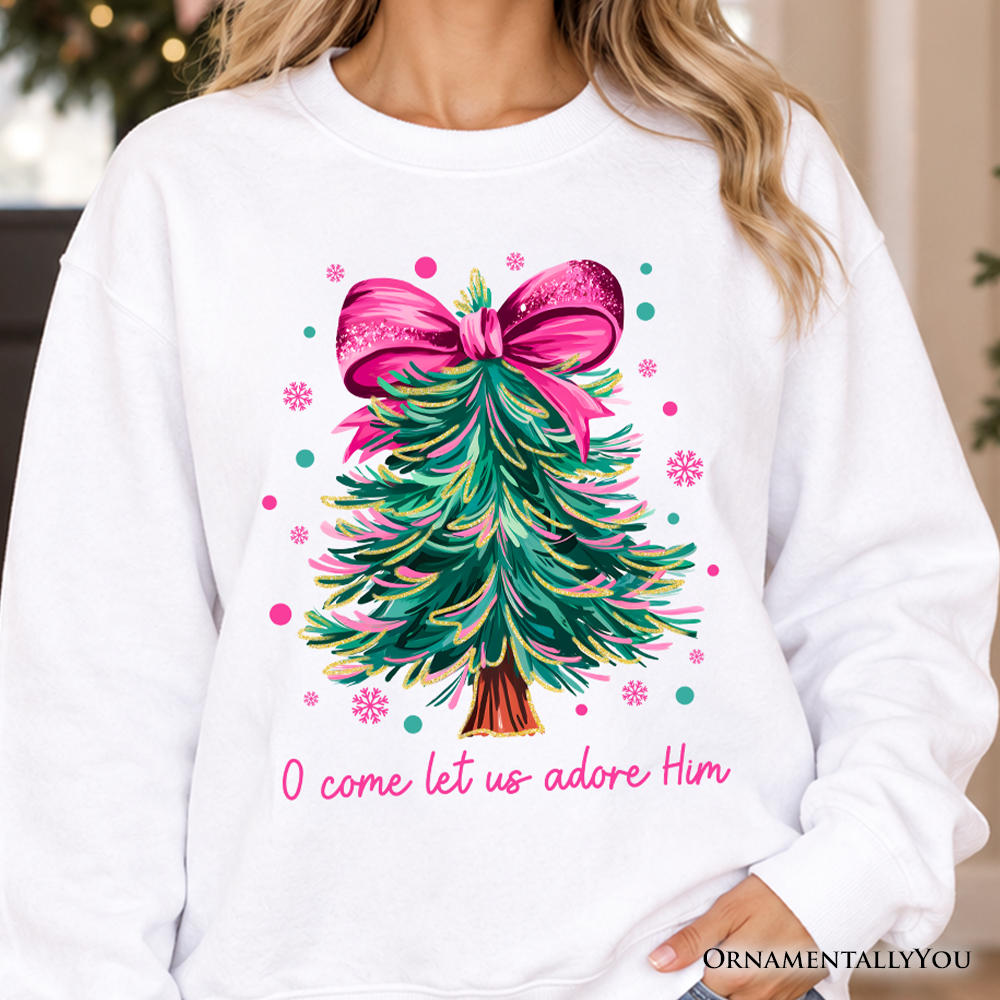 Glitter Christmas Tree Coquette Bow Sweatshirt, O Come Let Us Adore Him Holiday Sweater