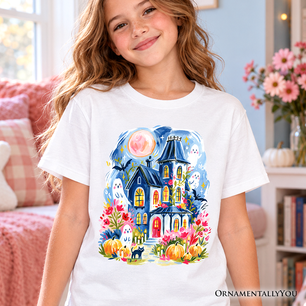 Kids Watercolor Haunted House T-Shirt, Colorful Ghost Pumpkin Halloween Youth Tee