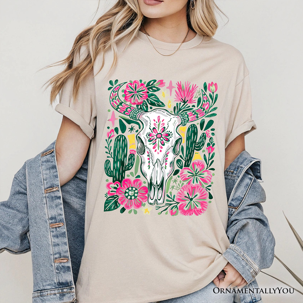 Western Floral Cow Skull T-Shirt, Boho Cowgirl Wildflower Cactus Tee