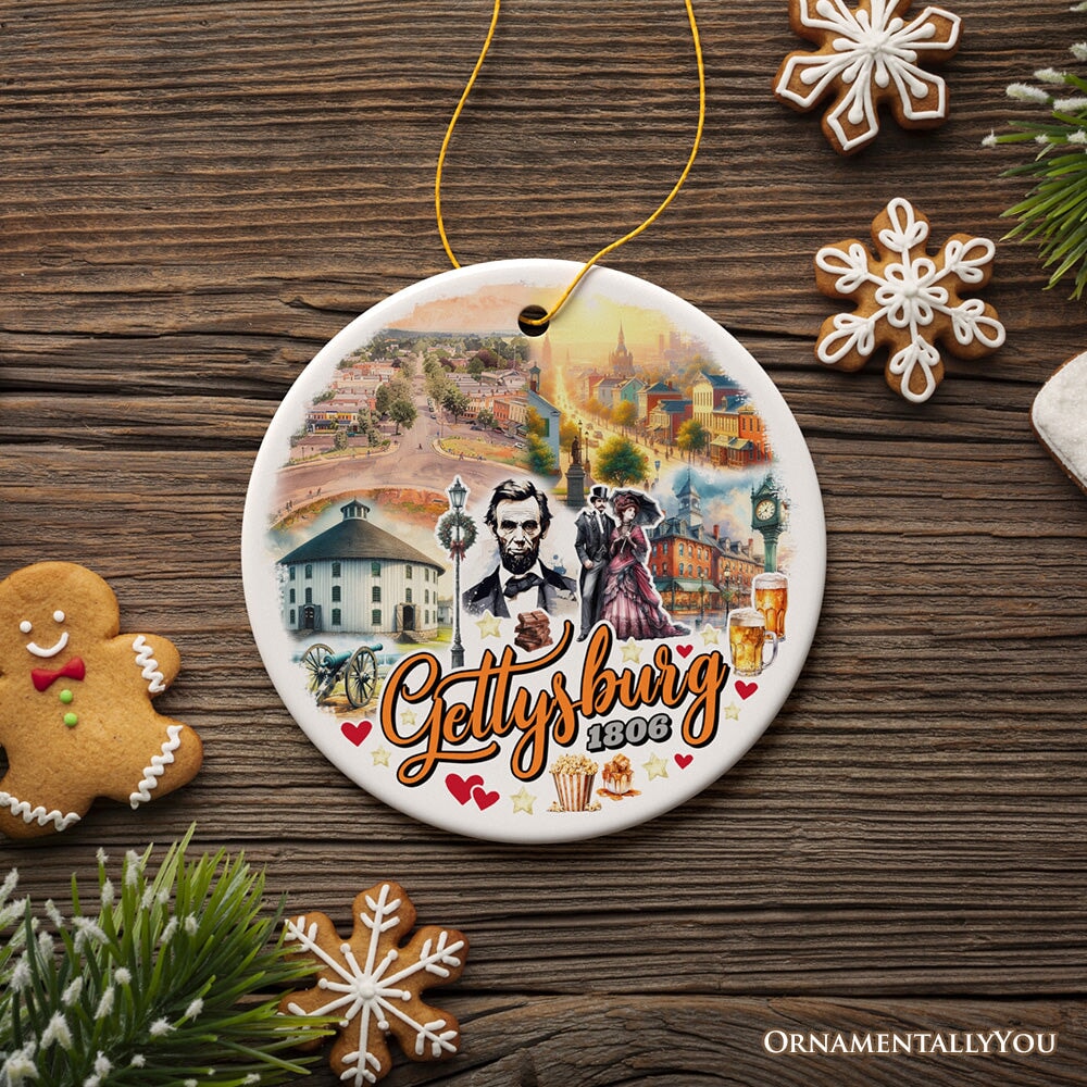 Artistic Historical Gettysburg Town Vintage Ornament, Pennsylvania Battlefield Civil War Heritage and Abe Lincoln