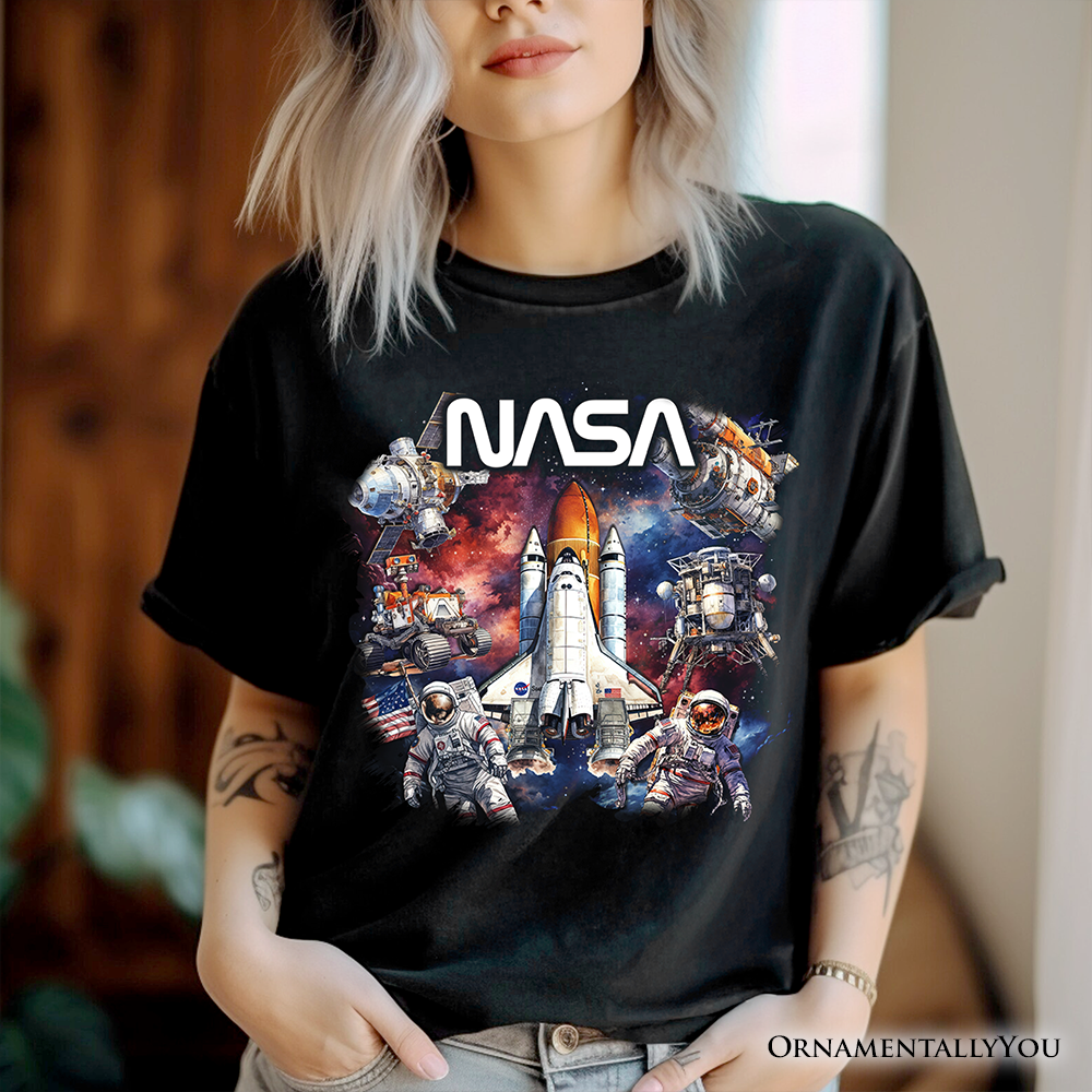 Artistic NASA Handcrafted Christmas T-Shirt, Astronaut in Outer Space with the Planets Tee