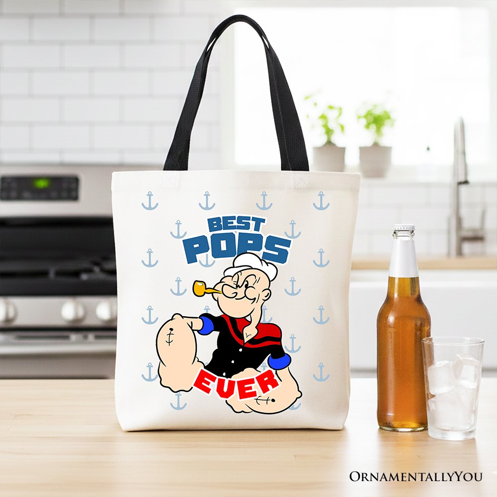 Best Pops Ever Canvas Tote Bag, Classic Popeye the Sailorman Dad Gift Bag for Fun and Strong Dads