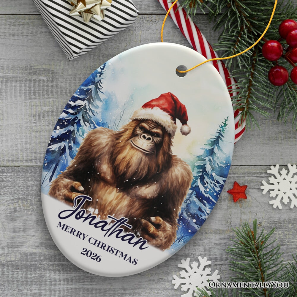 Bigfoot with Santa Hat Personalized Ornament, Winter Forest Christmas Gift With Custom Name and Date