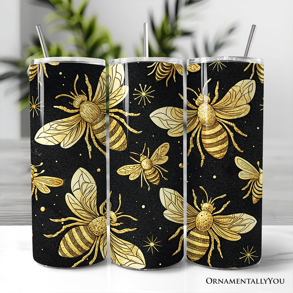 Black and Gold Bee Pattern 20oz Personalized Tumbler With Lid and Stainless Steel Straw, Elegant Apiarist Gift Cup