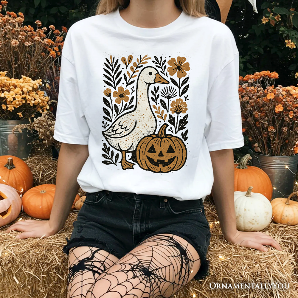 Boho Goose Halloween Pumpkin T-Shirt, Spooky Fall Floral Tee