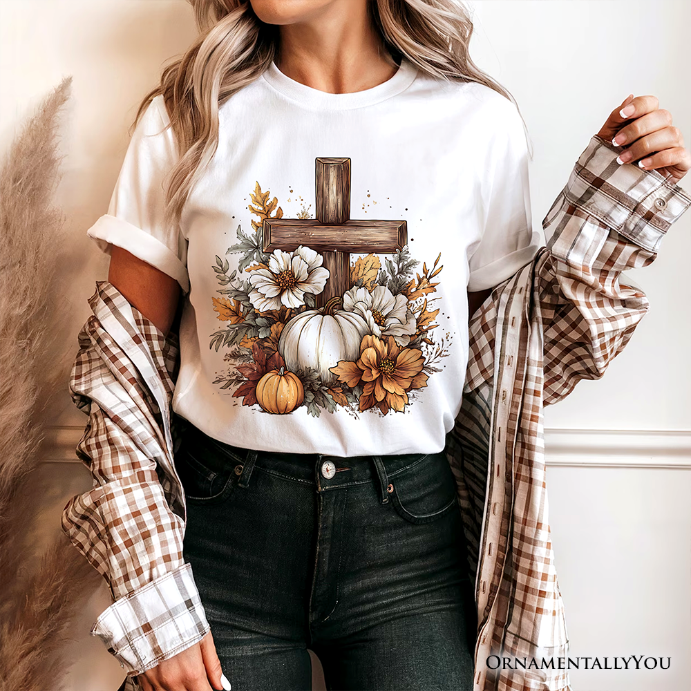 Christian Floral Pumpkin Cross T-Shirt, Boho Religious Fall Tee