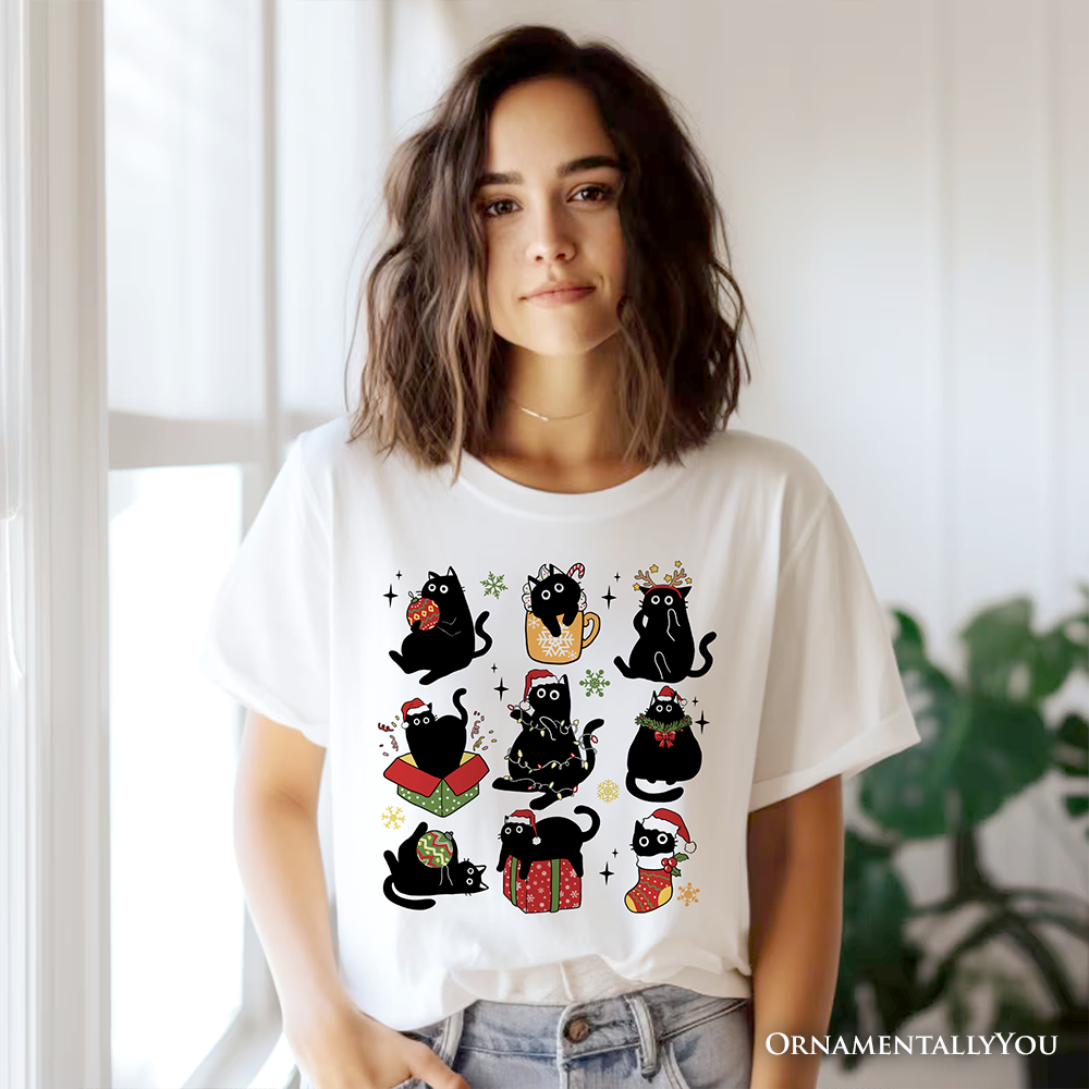 Christmas Black Cats T‑Shirt, Whimsical Cats with Santa Hat Tee
