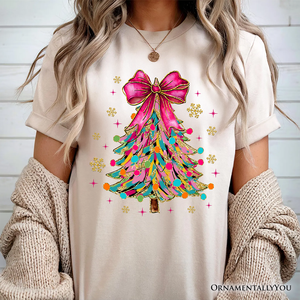 Colorful Glitter Christmas Tree Pink Bow T-Shirt, Pink Bow Coquette Holiday Tee