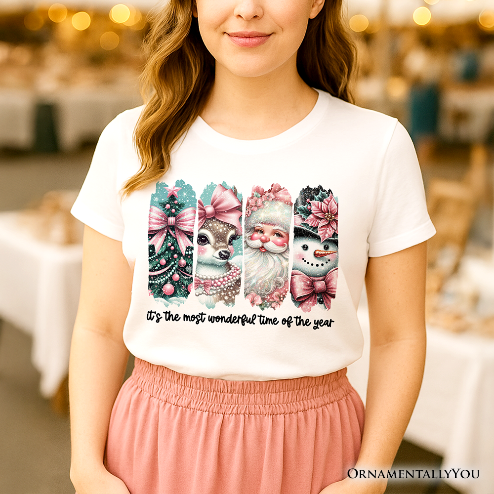 Coquette Pink Christmas T‑Shirt, It's The Most Wonderful Time Of The Year Vintage Tree, Reindeer, Santa and Snowman Tee
