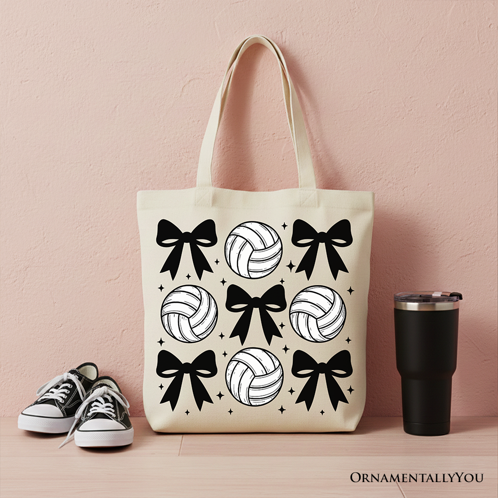 Coquette Volleyball Bows Canvas Tote Bag, Cute Athletic Sports Game Day Gift Shopper