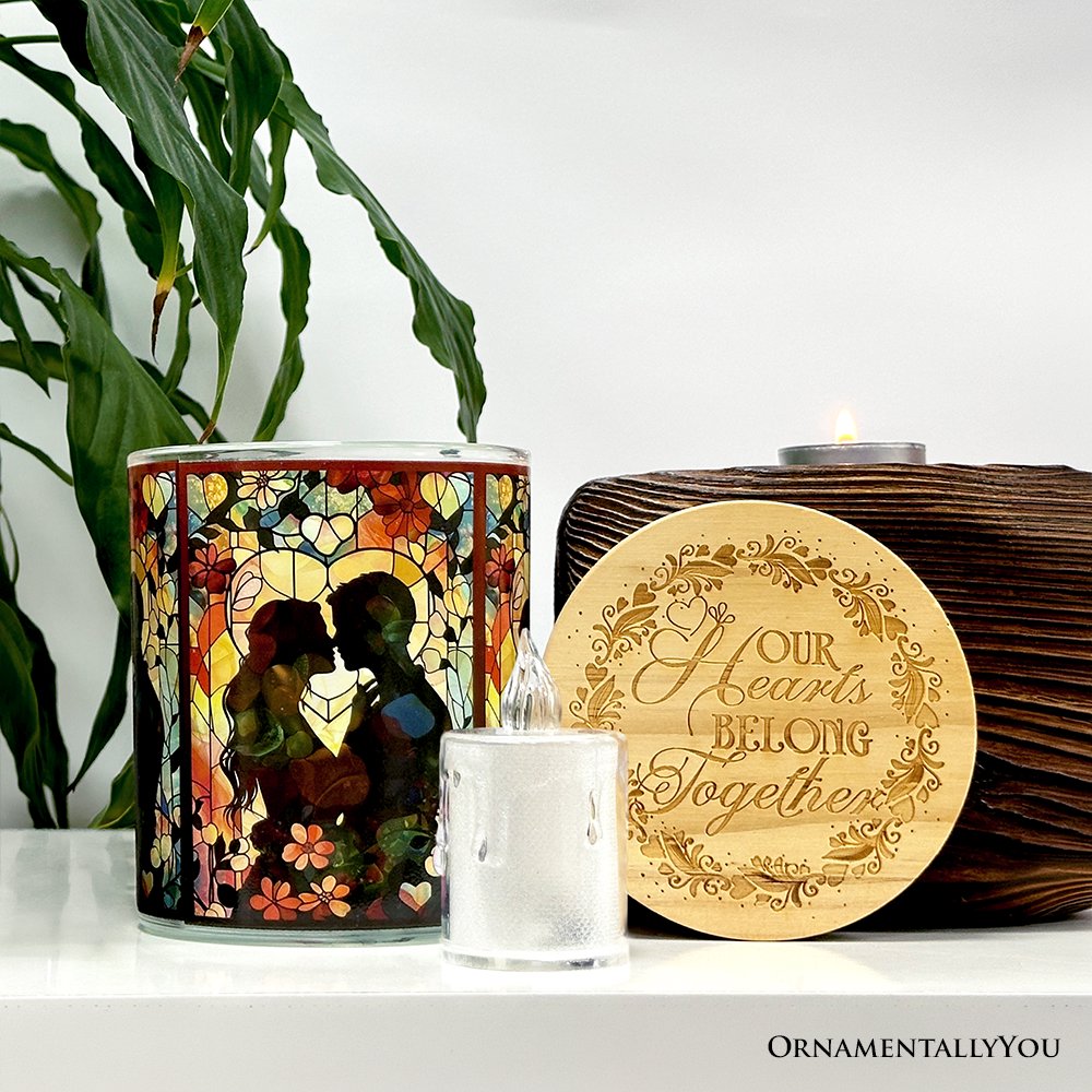 Couple in Love Faux Stained Glass LED Tea Light Candle, Heartfelt Romantic Decor With Soft Glow