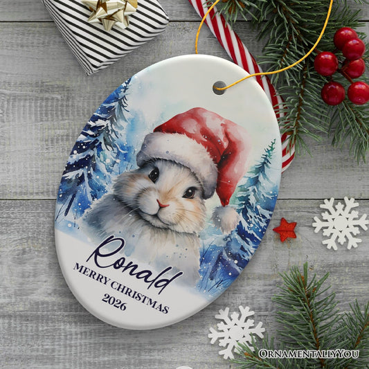 Cute Bunny with Santa Hat Personalized Ornament, Winter Forest Christmas Gift With Custom Name and Date